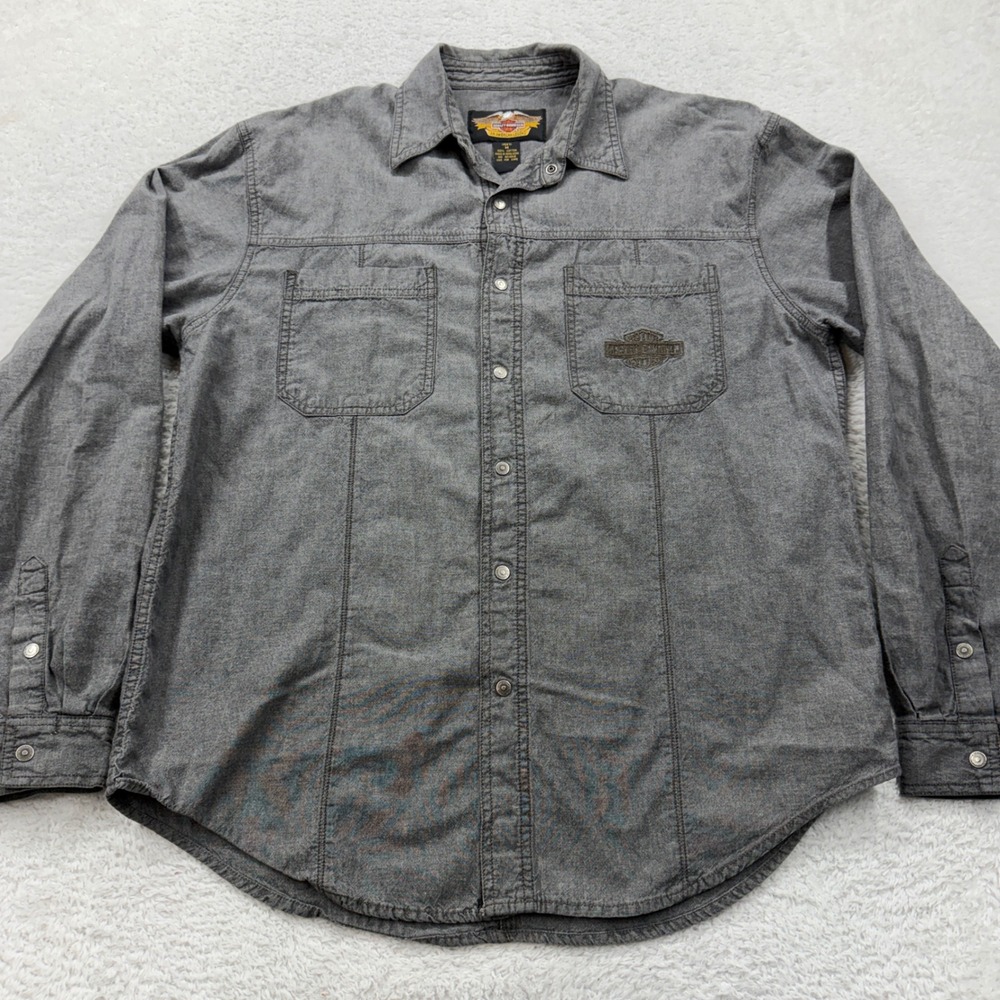 Harley Davidson Mens Gray Cotton Long Sleeve Button Up American‎ Legend Size M